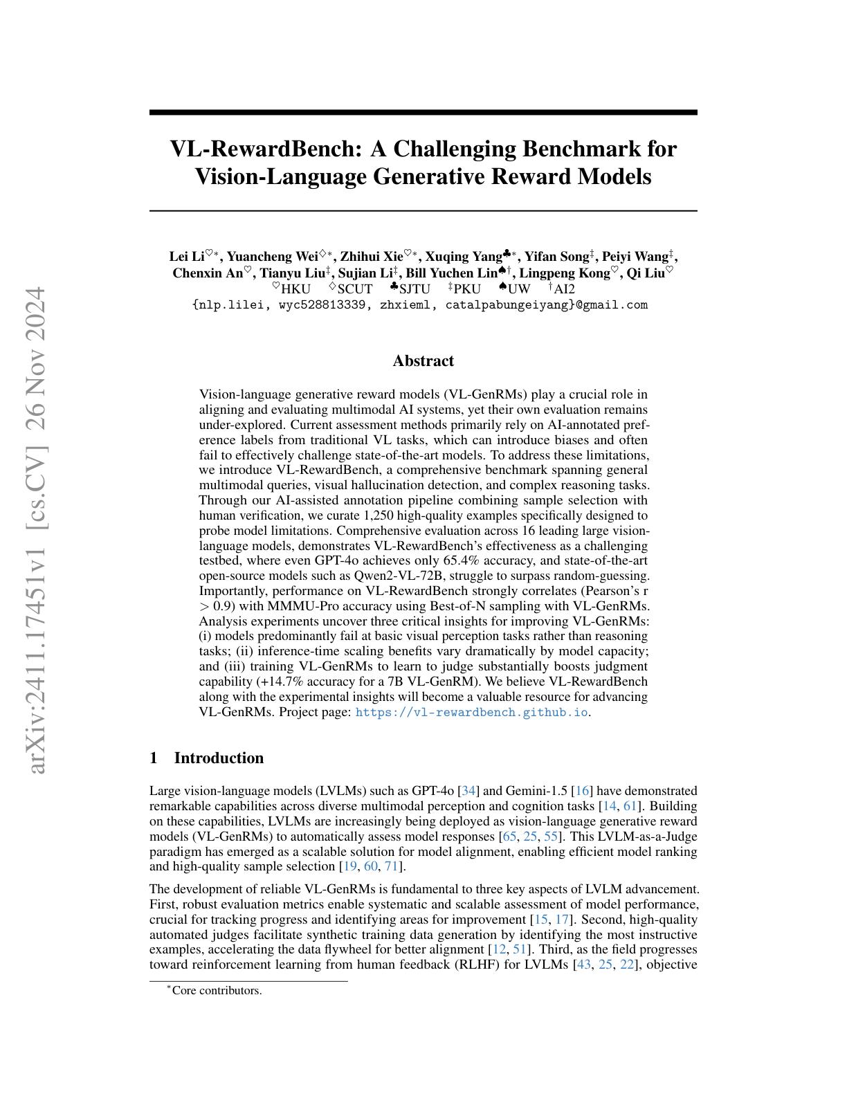 VLRewardBench: A Challenging Benchmark for Vision-Language Generative ...