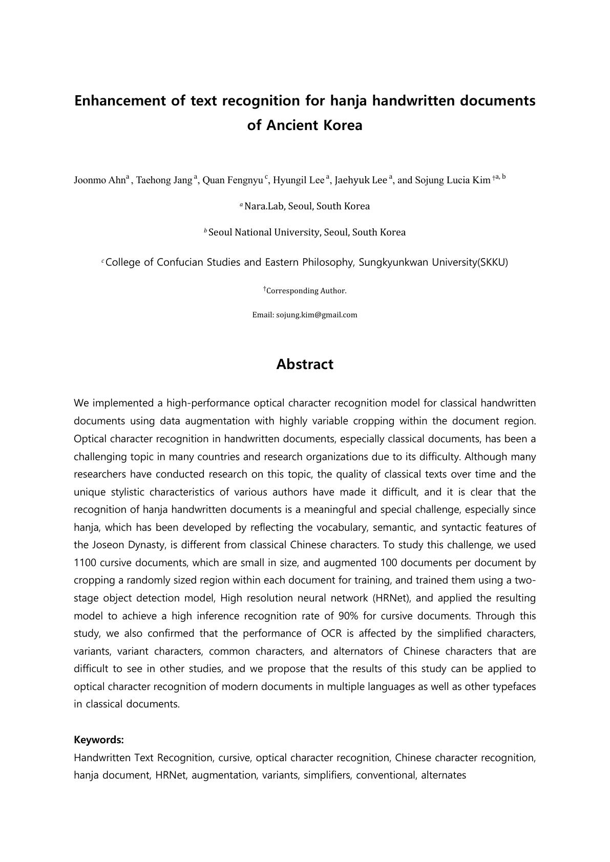 Enhancement of text recognition for hanja handwritten documents of ...