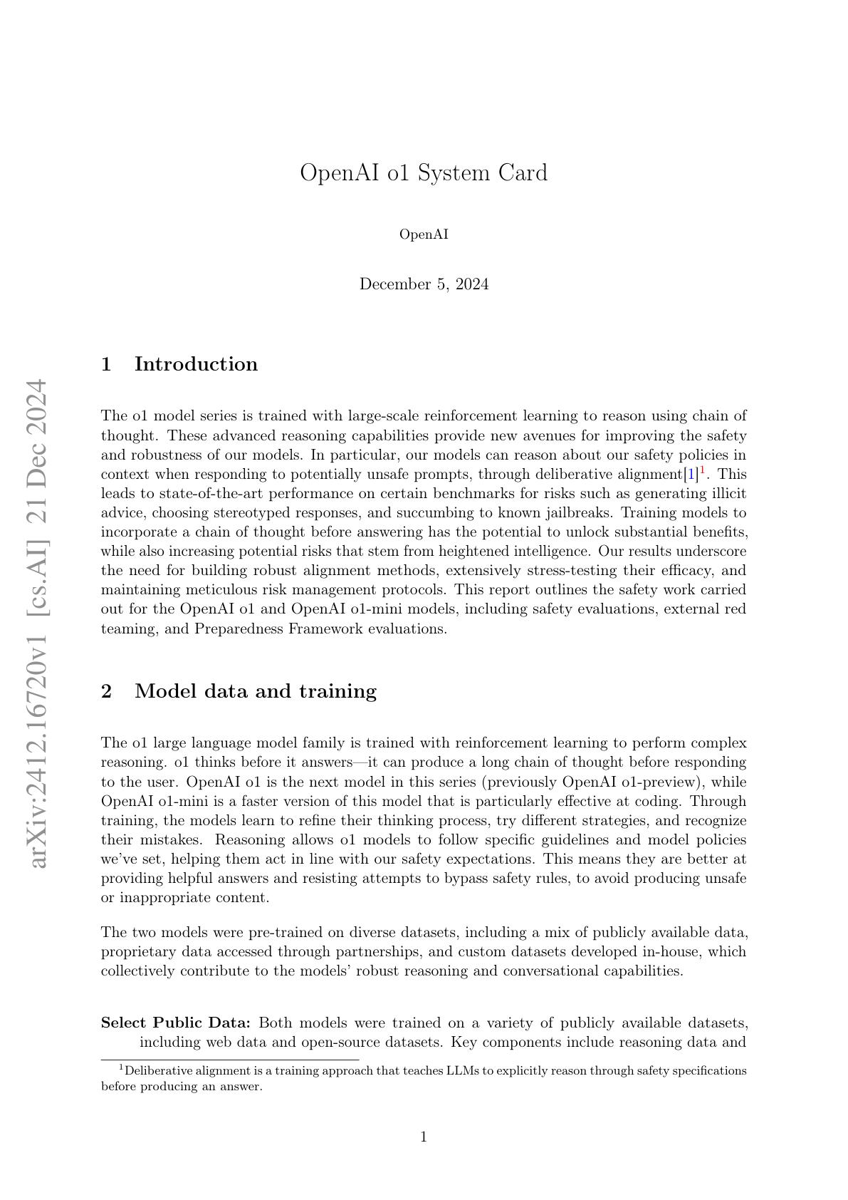 OpenAI O1 System Card Openai o1 system card