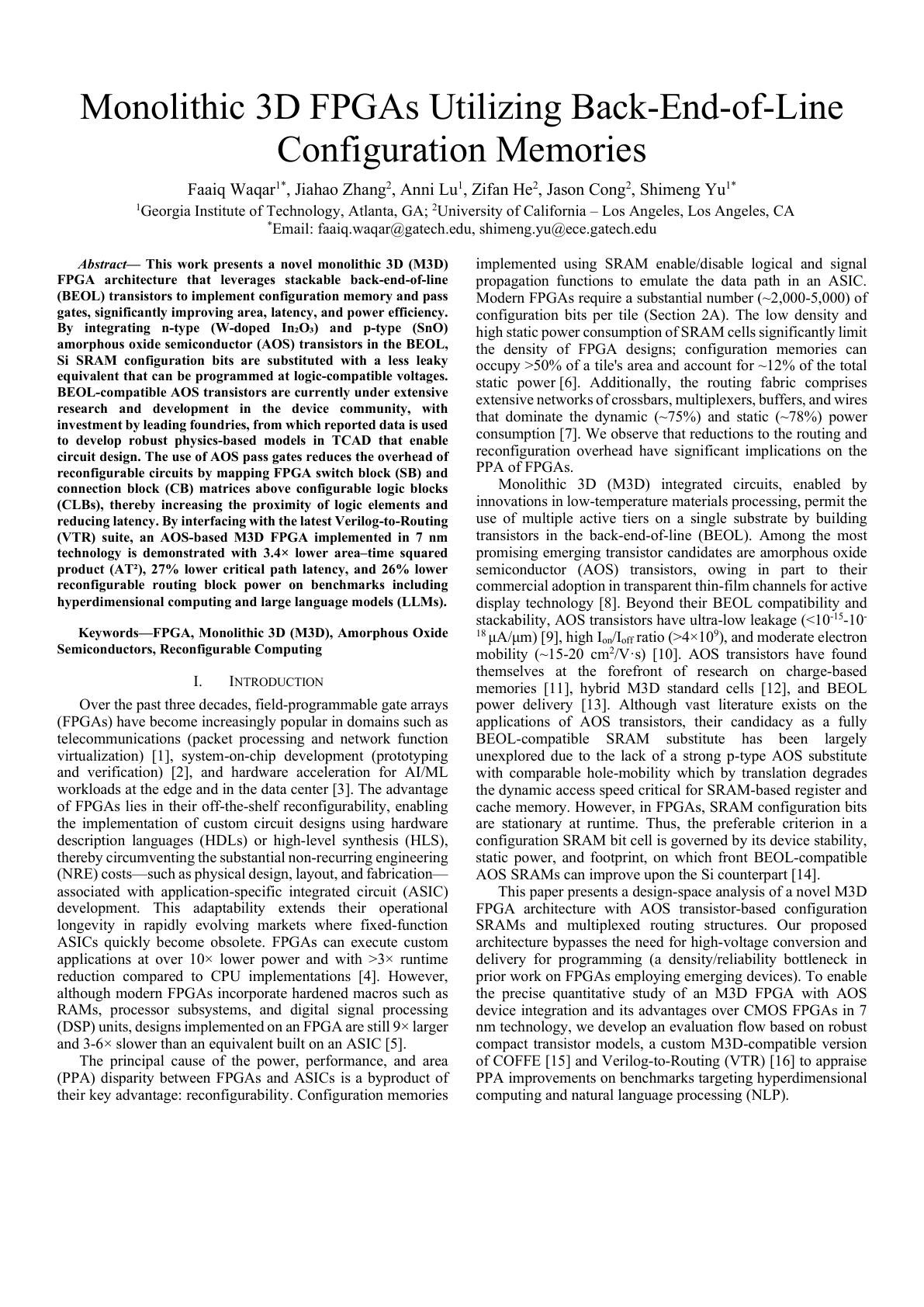 Monolithic 3D FPGAs Utilizing Back End of Line Configuration Memories Monolithic 3d fpgas utilizing back end of line configuration memories