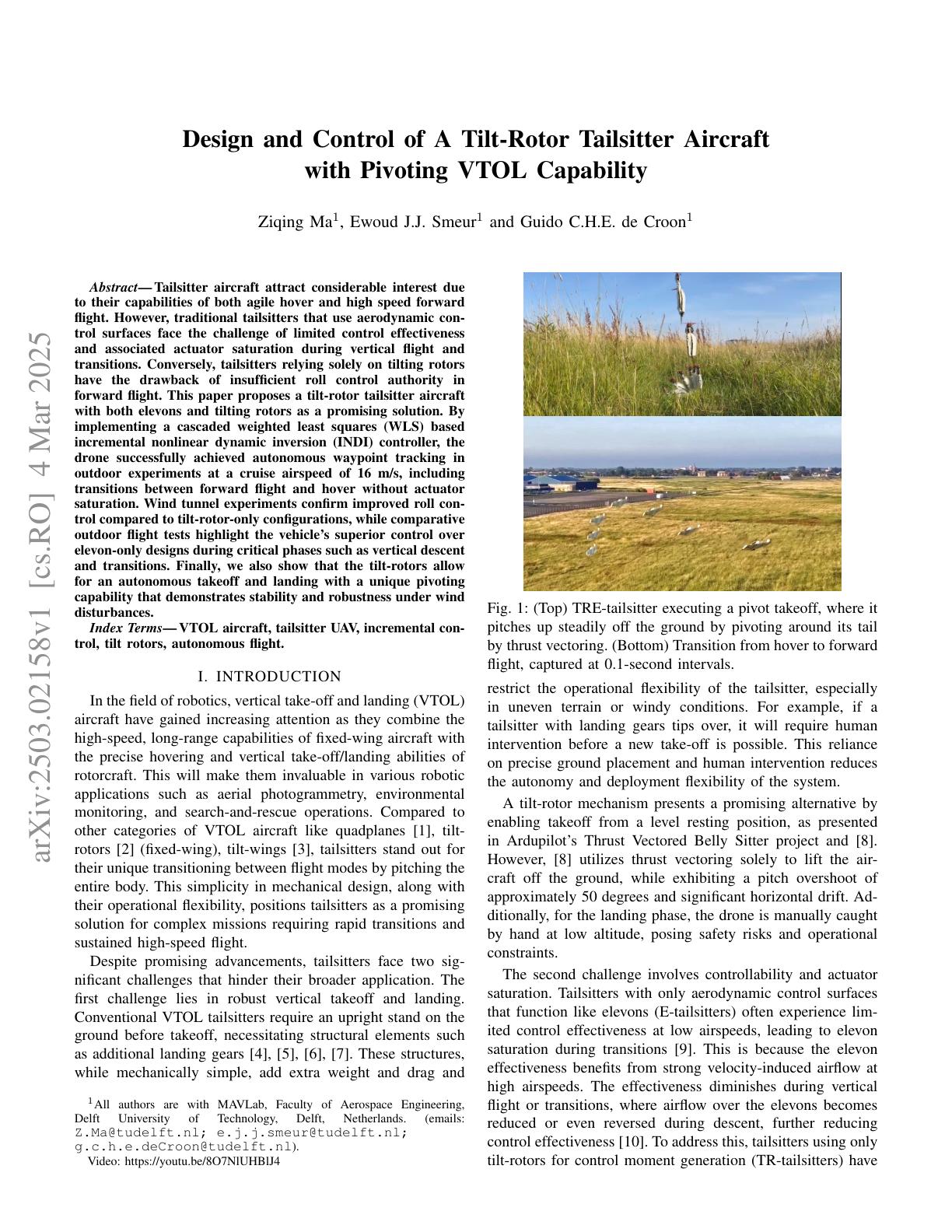 Design and Control of A Tilt-Rotor Tailsitter Aircraft with Pivoting ...