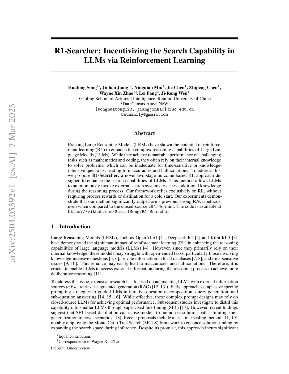 R1 Searcher Incentivizing The Search Capability In LLMs Via 