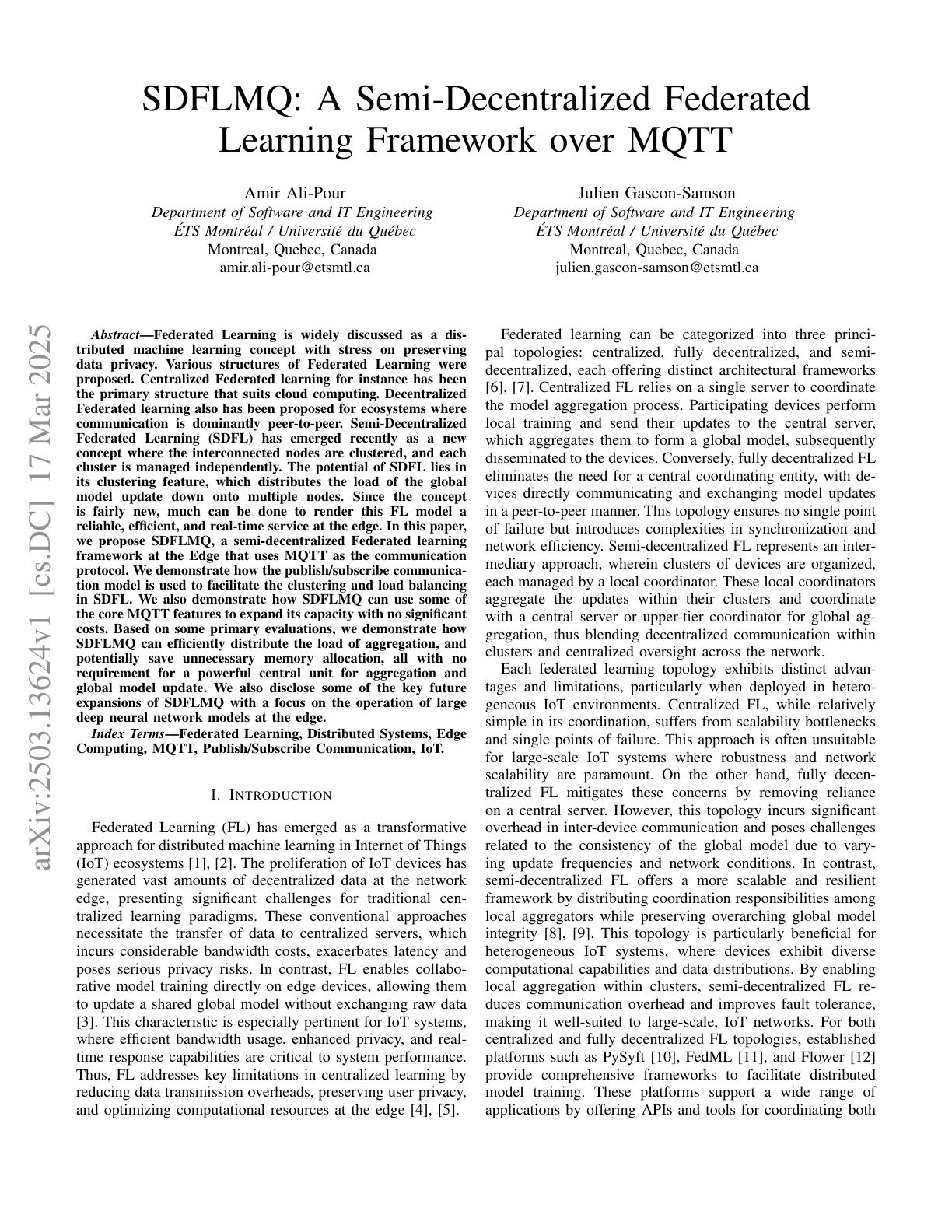 SDFLMQ A Semi Decentralized Federated Learning Framework Over MQTT Sdflmq a semi decentralized federated learning framework over mqtt
